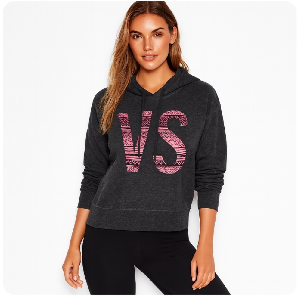VICTORIA’S SECRET Black Pink Snowflake Cropped Hoodie Sweatshirt Size XS